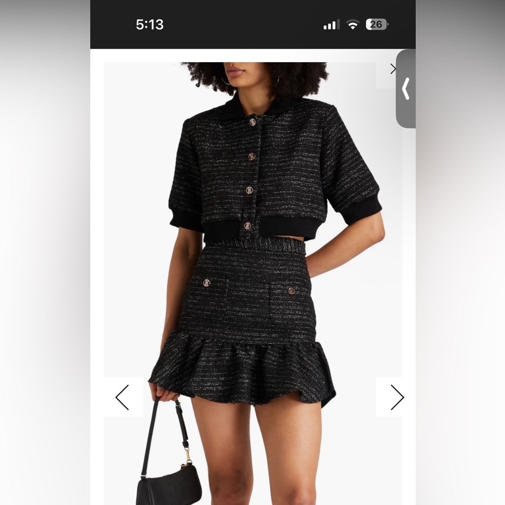 Cropped metallic tweed jacket and mini skirt